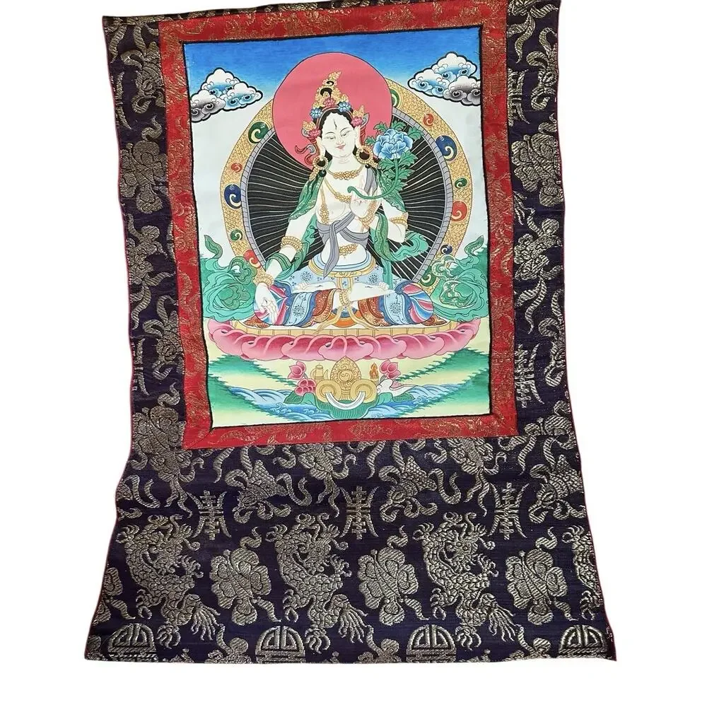 Tibetan Thangka Paintings Nepal Set of 2 Vairocana Buddha & White Tara 25.5x16.5 - Picture 5 of 10